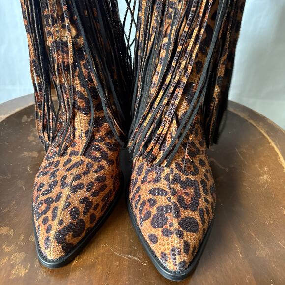 Oupiano Animal Print Rhinestone Fringe Pointy Toe Boots Size 9 New - Picture 7 of 7